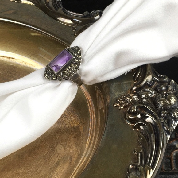 Vtg Sterling Silver Fine Marcasite Amethyst Ring ~ Vintage Cocktail Statement - Picture 12 of 14
